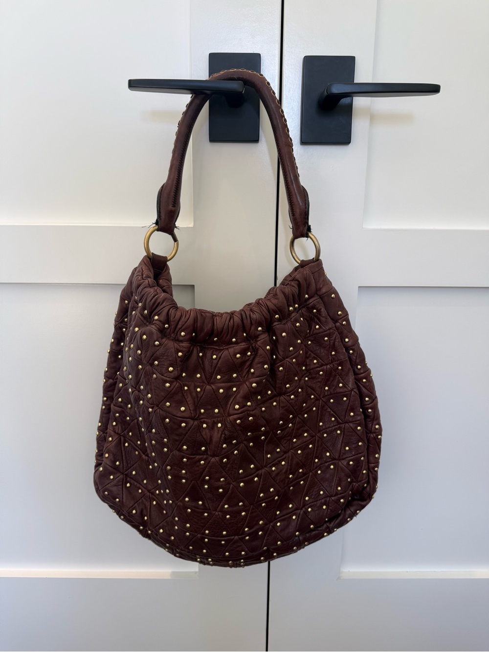 Miu Miu brown quilted leather studded hobo